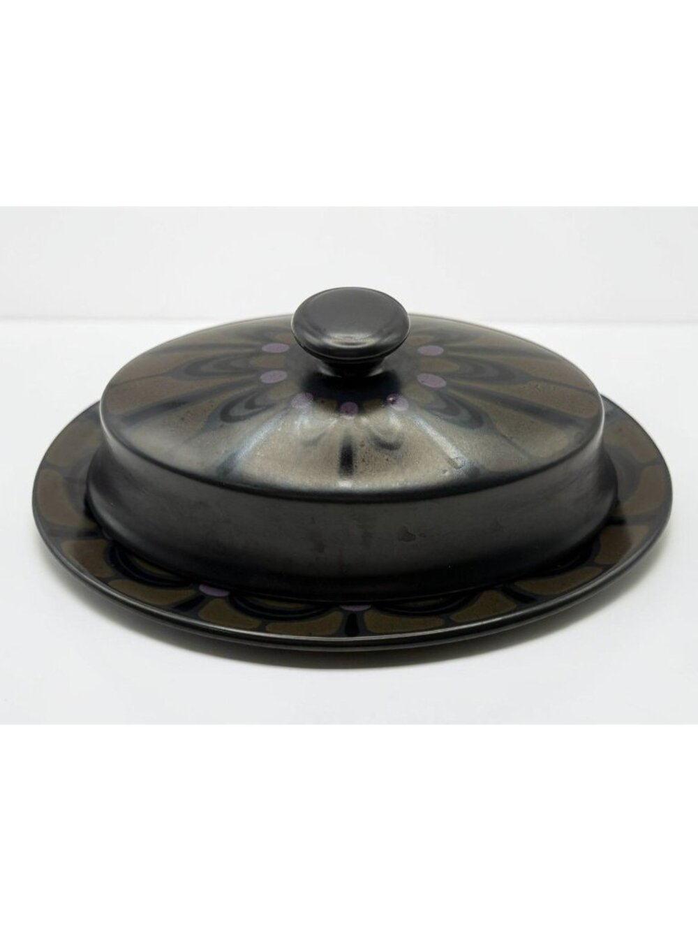 Franciscan Zanzibar Butter Dish with Lid Black Purple Earthenware 1960s Retro